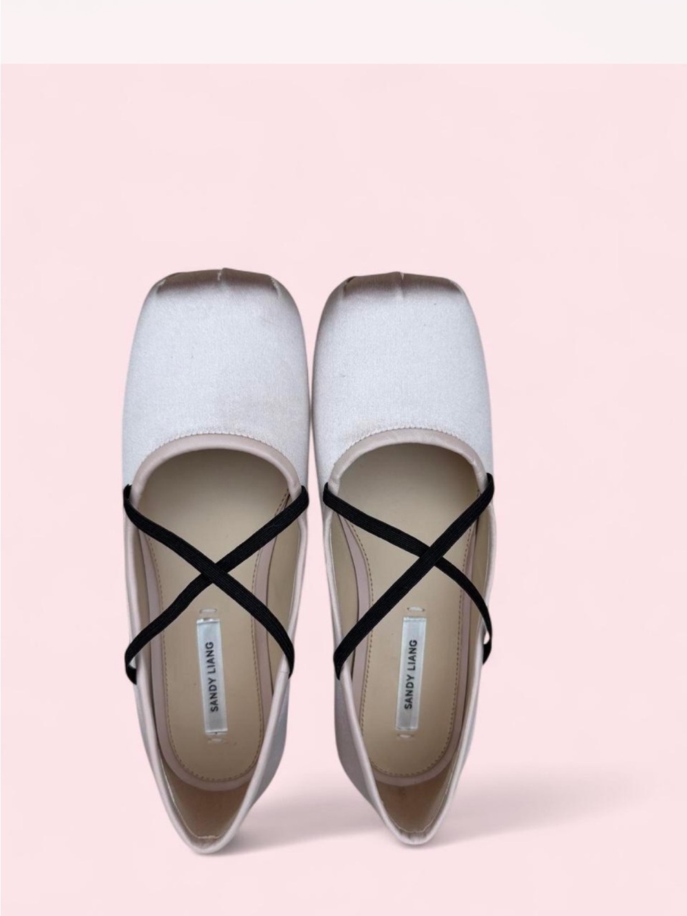 Sandy Liang Cream Ballet Flats with Black Cross-Strap Detail